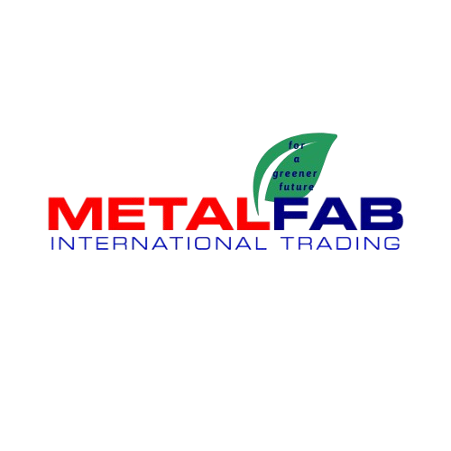 Metalfab International Trading written in bold fonts with red and blue color with green leaf for greener future text in blue on it.